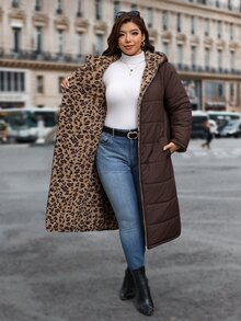 Reflora Plus Size Autumn/Winter Thermal Lined Thick Leopard Print Hooded Padded Coat - Brown - View 9