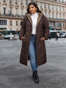 Reflora Plus Size Autumn/Winter Thermal Lined Thick Leopard Print Hooded Padded Coat - Brown - View 3