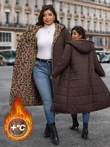 Reflora Plus Size Autumn/Winter Thermal Lined Thick Leopard Print Hooded Padded Coat - Brown - View 1