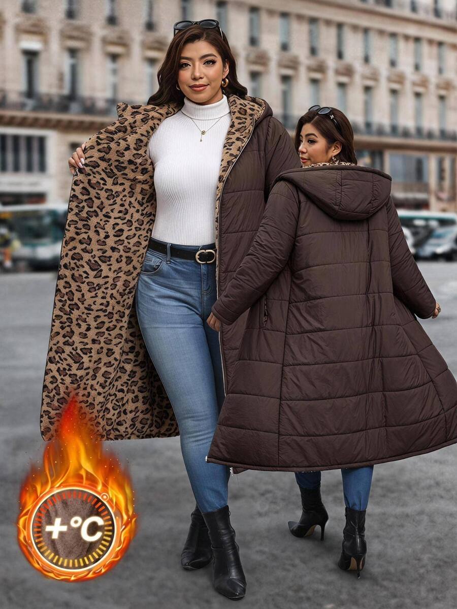 Reflora Plus Size Autumn/Winter Thermal Lined Thick Leopard Print Hooded Padded Coat - Brown - View 1