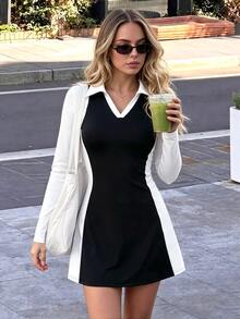 valorelle valorelle Women's Elegant Comfortable Tennis Dress With Contrast Color Slim Fit A-Line Skirt And Built-In Leggings Mesh Sport Dress - Black and White - View 5