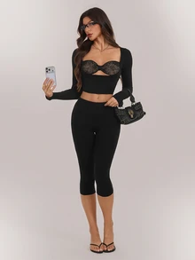 SHEIN Tall Legging Wanita Panjang 3/4 Pas Badan, 95% Katun - Hitam - View 6