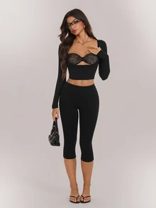 SHEIN Tall Legging Wanita Panjang 3/4 Pas Badan, 95% Katun - Hitam - View 5
