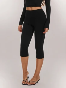 SHEIN Tall Legging Wanita Panjang 3/4 Pas Badan, 95% Katun - Hitam - View 4