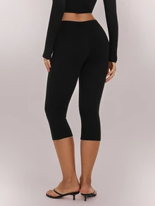 SHEIN Tall Legging Wanita Panjang 3/4 Pas Badan, 95% Katun - Hitam - View 2