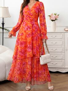 Amorya 秋季女款法式度假風花卉印花百褶喇叭袖洋裝 - 彩色 - 查看 5