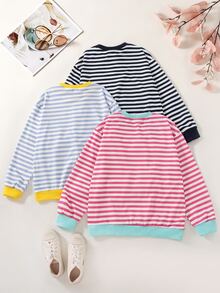 Conjunto de 3 sudaderas tipo pullover con cuello redondo, hombros caídos y diseño de bloques de color a rayas para niñas preadolescentes, azul claro, azul marino, rosa y blanco, casual para la escuela en otoño - Multicolor - Ver 2