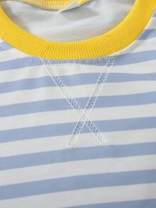 Conjunto de 3 sudaderas tipo pullover con cuello redondo, hombros caídos y diseño de bloques de color a rayas para niñas preadolescentes, azul claro, azul marino, rosa y blanco, casual para la escuela en otoño - Multicolor - Ver 11