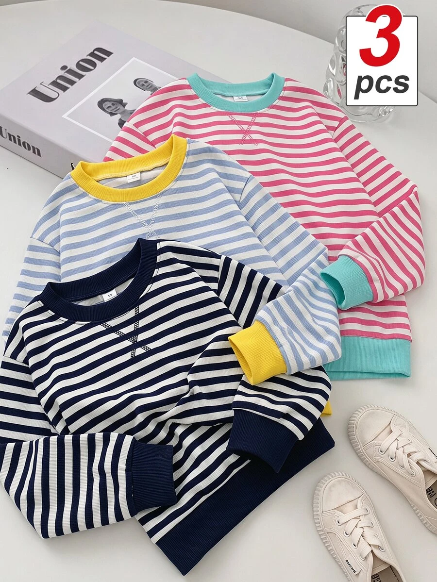 Conjunto de 3 sudaderas tipo pullover con cuello redondo, hombros caídos y diseño de bloques de color a rayas para niñas preadolescentes, azul claro, azul marino, rosa y blanco, casual para la escuela en otoño - Multicolor - Ver 1