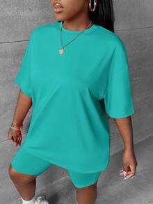 Slaydiva 2pcs/Set Plus Size Women Casual Solid Color Drop Shoulder T-Shirt And Shorts Set, Suitable For Summer Two Pieces Lounge Set Going Out Workwear Teal - Green - View 4