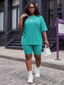 Slaydiva 2pcs/Set Plus Size Women Casual Solid Color Drop Shoulder T-Shirt And Shorts Set, Suitable For Summer Two Pieces Lounge Set Going Out Workwear Teal - Green - View 1