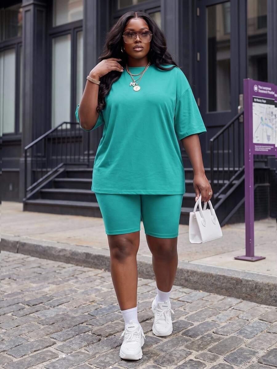 Slaydiva 2pcs/Set Plus Size Women Casual Solid Color Drop Shoulder T-Shirt And Shorts Set, Suitable For Summer Two Pieces Lounge Set Going Out Workwear Teal - Green - View 1