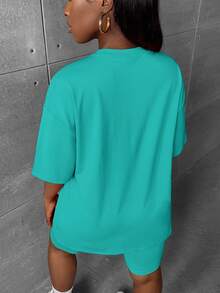 Slaydiva 2pcs/Set Plus Size Women Casual Solid Color Drop Shoulder T-Shirt And Shorts Set, Suitable For Summer Two Pieces Lounge Set Going Out Workwear Teal - Green - View 2