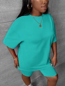 Slaydiva 2pcs/Set Plus Size Women Casual Solid Color Drop Shoulder T-Shirt And Shorts Set, Suitable For Summer Two Pieces Lounge Set Going Out Workwear Teal - Green - View 3