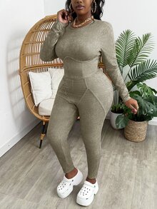 Slaydiva 2pcs Set: Plus Size Solid Color Wine Red Cropped Crew Neck Long Sleeve Top And High Waisted Skinny Pants, Casual For Autumn/Winter - Grey - View 4