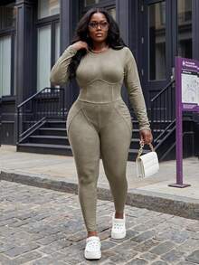Slaydiva 2pcs Set: Plus Size Solid Color Wine Red Cropped Crew Neck Long Sleeve Top And High Waisted Skinny Pants, Casual For Autumn/Winter - Grey - View 1