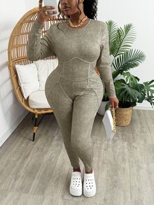 Slaydiva 2pcs Set: Plus Size Solid Color Wine Red Cropped Crew Neck Long Sleeve Top And High Waisted Skinny Pants, Casual For Autumn/Winter - Grey - View 3