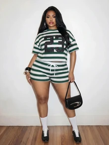 Slaydiva Summer Smart Casual Beach Vacation Loose Crew Neck Short-Sleeved Cropped T-Shirt Slim Shorts Striped Plus Size Women's Two Pieces Set Green - Multicolor - View 8