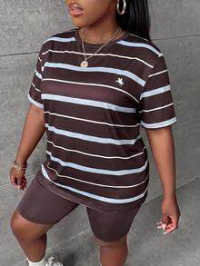 Slaydiva Blue White Chocolate Brown Striped Short Sleeve T-Shirt Small Logo Pattern Loose Round Neck Slim Fit Cycling Shorts Women's Two Pieces Set Summer - Multicolor - View 4