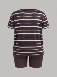 Slaydiva Blue White Chocolate Brown Striped Short Sleeve T-Shirt Small Logo Pattern Loose Round Neck Slim Fit Cycling Shorts Women's Two Pieces Set Summer - Multicolor - View 7