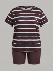 Slaydiva Blue White Chocolate Brown Striped Short Sleeve T-Shirt Small Logo Pattern Loose Round Neck Slim Fit Cycling Shorts Women's Two Pieces Set Summer - Multicolor - View 5