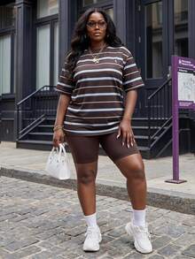 Slaydiva Blue White Chocolate Brown Striped Short Sleeve T-Shirt Small Logo Pattern Loose Round Neck Slim Fit Cycling Shorts Women's Two Pieces Set Summer - Multicolor - View 2
