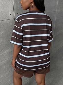 Slaydiva Blue White Chocolate Brown Striped Short Sleeve T-Shirt Small Logo Pattern Loose Round Neck Slim Fit Cycling Shorts Women's Two Pieces Set Summer - Multicolor - View 3