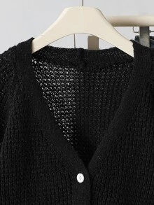 SHEIN 青少年女孩蝴蝶結裝飾休閒百搭日常外出開襟衫 - 黑色 - 查看 4
