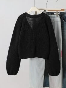 SHEIN 青少年女孩蝴蝶結裝飾休閒百搭日常外出開襟衫 - 黑色 - 查看 2