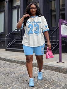 Slaydiva Plus Size Women's Letter & Stripe Print Round Neck Short Sleeve T-Shirt And Shorts Casual 2-Piece Set - Blue and White - View 1