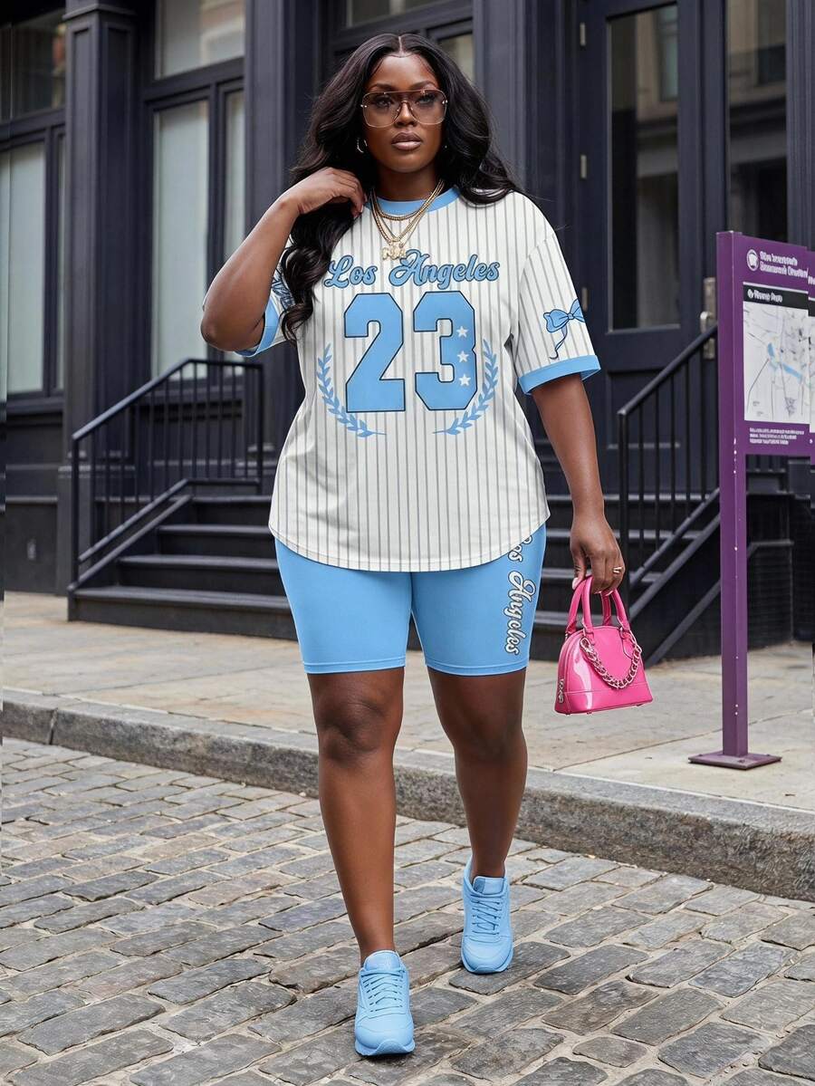 Slaydiva Plus Size Women's Letter & Stripe Print Round Neck Short Sleeve T-Shirt And Shorts Casual 2-Piece Set - Blue and White - View 1