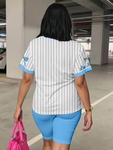 Slaydiva Plus Size Women's Letter & Stripe Print Round Neck Short Sleeve T-Shirt And Shorts Casual 2-Piece Set - Blue and White - View 7