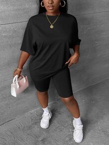 Slaydiva Casual Minimalist Solid Olive Green Plus Size 2 Pieces Set, Suitable For Summer - Black - View 5