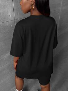Slaydiva Casual Minimalist Solid Olive Green Plus Size 2 Pieces Set, Suitable For Summer - Black - View 2