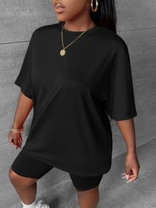 Slaydiva Casual Minimalist Solid Olive Green Plus Size 2 Pieces Set, Suitable For Summer - Black - View 4