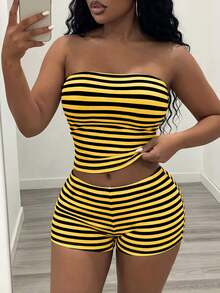 Slaydiva New Spring/Summer Street Style Sexy Casual Slim Fit Black And White Striped Ribbed Textured Bandeau - Yellow - View 11