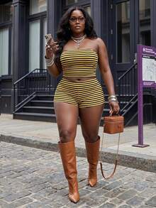 Slaydiva New Spring/Summer Street Style Sexy Casual Slim Fit Black And White Striped Ribbed Textured Bandeau - Yellow - View 1