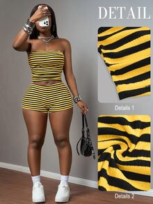 Slaydiva New Spring/Summer Street Style Sexy Casual Slim Fit Black And White Striped Ribbed Textured Bandeau - Yellow - View 12