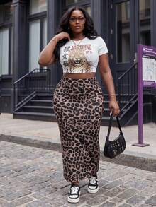 Slaydiva Plus Size Leopard Print Fitted Cropped Short Sleeve Round Neck T-Shirt & Bodycon Maxi Skirt 2pcs Set - Multicolor - View 1