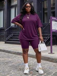 Slaydiva Plus Size Women Solid Color Round Neck Short Sleeve Top And Shorts Casual Daily 2 Pieces Set - Purple - View 1