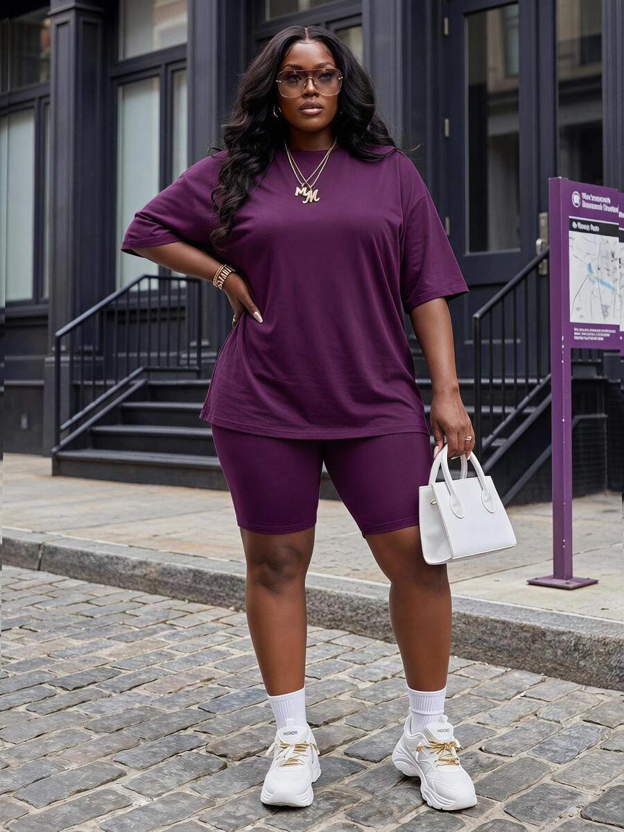 Slaydiva Plus Size Women Solid Color Round Neck Short Sleeve Top And Shorts Casual Daily 2 Pieces Set - Purple - View 1
