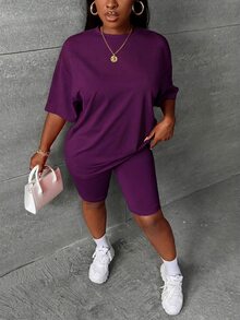 Slaydiva Plus Size Women Solid Color Round Neck Short Sleeve Top And Shorts Casual Daily 2 Pieces Set - Purple - View 4