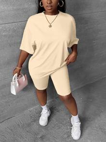 Slaydiva Plus Size Women Solid Color Round Neck Short Sleeve Top And Shorts Casual Daily 2 Pieces Set - Apricot - View 4
