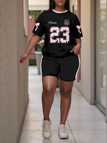 Slaydiva 2pcs Plus Size Sport Pink Bowknot Print No.23 Short Sleeve Top & Shorts Set, Casual & Minimalist - Multicolor - View 5
