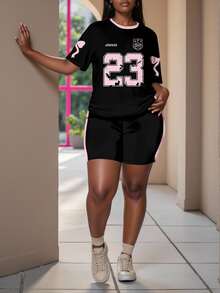 Slaydiva 2pcs Plus Size Sport Pink Bowknot Print No.23 Short Sleeve Top & Shorts Set, Casual & Minimalist - Multicolor - View 4