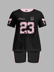 Slaydiva 2pcs Plus Size Sport Pink Bowknot Print No.23 Short Sleeve Top & Shorts Set, Casual & Minimalist - Multicolor - View 2