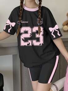 Slaydiva 2pcs Plus Size Sport Pink Bowknot Print No.23 Short Sleeve Top & Shorts Set, Casual & Minimalist - Multicolor - View 8