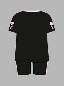 Slaydiva 2pcs Plus Size Sport Pink Bowknot Print No.23 Short Sleeve Top & Shorts Set, Casual & Minimalist - Multicolor - View 3