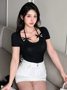 Joudiya Kaos Rajut Leher Bulat Wanita 2 In 1 Lengan Pendek, Musim Panas - Hitam - View 6