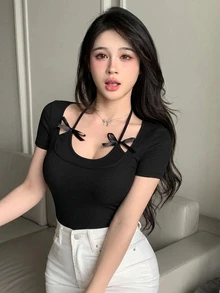 Joudiya Kaos Rajut Leher Bulat Wanita 2 In 1 Lengan Pendek, Musim Panas - Hitam - View 2